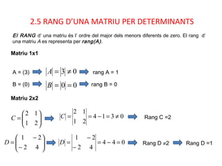 2.5 RANG D’UNA MATRIU PER DETERMINANTS
Matriu 1x1
El RANG d’ una matriu és l’ ordre del major dels menors diferents de zero. El rang d’
una matriu A es representa per rang(A).
A = (3) rang A = 103 ≠=A
B = (0) rang B = 000 ==B
Matriu 2x2






=
21
12
C 0314
21
12
≠=−==C Rang C =2






−
−
=
42
21
D 044
42
21
=−=
−
−
=D Rang D ≠2 Rang D =1
 