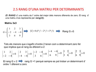 2.5 RANG D’UNA MATRIU PER DETERMINANTS
Matriu 3x3
El RANG d’ una matriu és l’ ordre del major dels menors diferents de zero. El rang d’
una matriu A es representa per rang(A).










−−−=
963
642
321
G
)ª3ª2ª1.(0 fffG =−= Rang G ≠3
Tots els menors que s’agafin d’ordre 2 tenen com a determinant zero fet
que implica que el rang és diferent a 2
0
42
21
=
−−
0
64
32
=
−−
0
63
42
=
−− 0
96
64
=
−−
0
63
21
= 0
96
32
=
El rang G ≠ 2 rang G =1 perquè sempre es pot trobar un determinant d’
ordre 1 diferent a zero
 