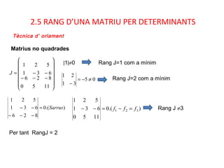2.5 RANG D’UNA MATRIU PER DETERMINANTS
Matrius no quadrades
Tècnica d’ orlament














−−−
−−=
11
8
5
2
0
6
631
521
J
|1|≠0
).(0
826
631
521
Sarrus=
−−−
−− ).(0
1150
631
521
321 fff =−=−− Rang J ≠3
Per tant RangJ = 2
05
31
21
≠−=
−
Rang J=1 com a mínim
Rang J=2 com a mínim
 