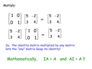 Multiply:






1
0
0
1





 
4
3
2
5
= 




 
4
3
2
5






1
0
0
1





 
4
3
2
5
= 




 
4
3
2
5
So, the identity matrix multiplied by any matrix
lets the “any” matrix keep its identity!
Mathematically, IA = A and AI = A !!
 