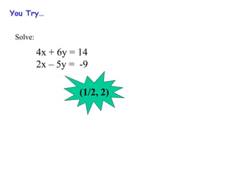 You Try…
Solve:
4x + 6y = 14
2x – 5y = -9
(1/2, 2)
 