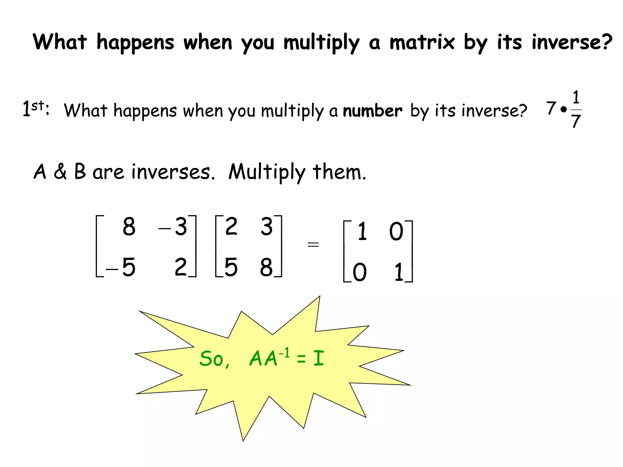 What happens when you multiply a matrix by its inverse?
1st: What happens when you multiply a number by its inverse?
7
1
7 
A & B are inverses. Multiply them.






8
5
3
2
=








2
5
3
8






1
0
0
1
So, AA-1
= I
 