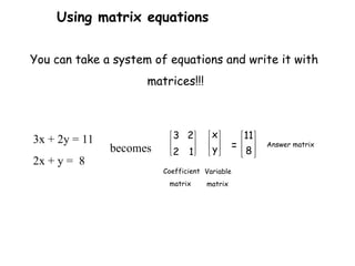 You can take a system of equations and write it with
matrices!!!
3x + 2y = 11
2x + y = 8
becomes 





1
2
2
3






y
x
= 





8
11
Coefficient
matrix
Variable
matrix
Answer matrix
Using matrix equations
 