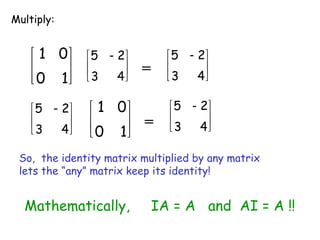 Multiply:






1
0
0
1





 
4
3
2
5
= 




 
4
3
2
5






1
0
0
1





 
4
3
2
5
= 




 
4
3
2
5
So, the identity matrix multiplied by any matrix
lets the “any” matrix keep its identity!
Mathematically, IA = A and AI = A !!
 
