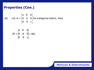 Matrices & Determinants
Properties (Con.)
 
a 0 0
8 Let A = 0 b 0 be a diagonal matrix, then
0 0 c
 
 
 
 
 
a 0 0
= 0 b 0
0 0 c
A abc

 