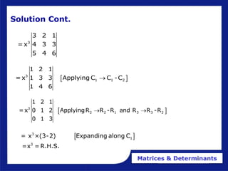 Matrices & Determinants
Solution Cont.
 
3
1 1 2
1 2 1
= x 1 3 3 Applying C C -C
1 4 6

 
3
2 2 1 3 3 2
1 2 1
=x 0 1 2 ApplyingR R -R and R R -R
0 1 3
 
 
3
1
3
= x ×(3-2) Expanding along C
=x = R.H.S.
3
3 2 1
=x 4 3 3
5 4 6
 