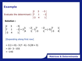 Matrices & Determinants
Example
2 3 - 5
Evaluate the determinant : 7 1 - 2
-3 4 1
 
2 3 - 5
1 - 2 7 - 2 7 1
7 1 - 2 = 2 - 3 + -5
4 1 -3 1 -3 4
-3 4 1
     
= 2 1 + 8 - 3 7 - 6 - 5 28 + 3
= 18 - 3 - 155
= -140
[Expanding along first row]
Solution :
 