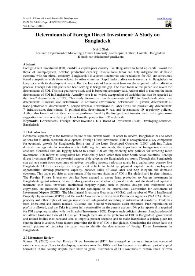 Determinants of foreign direct investment a study on bangladesh