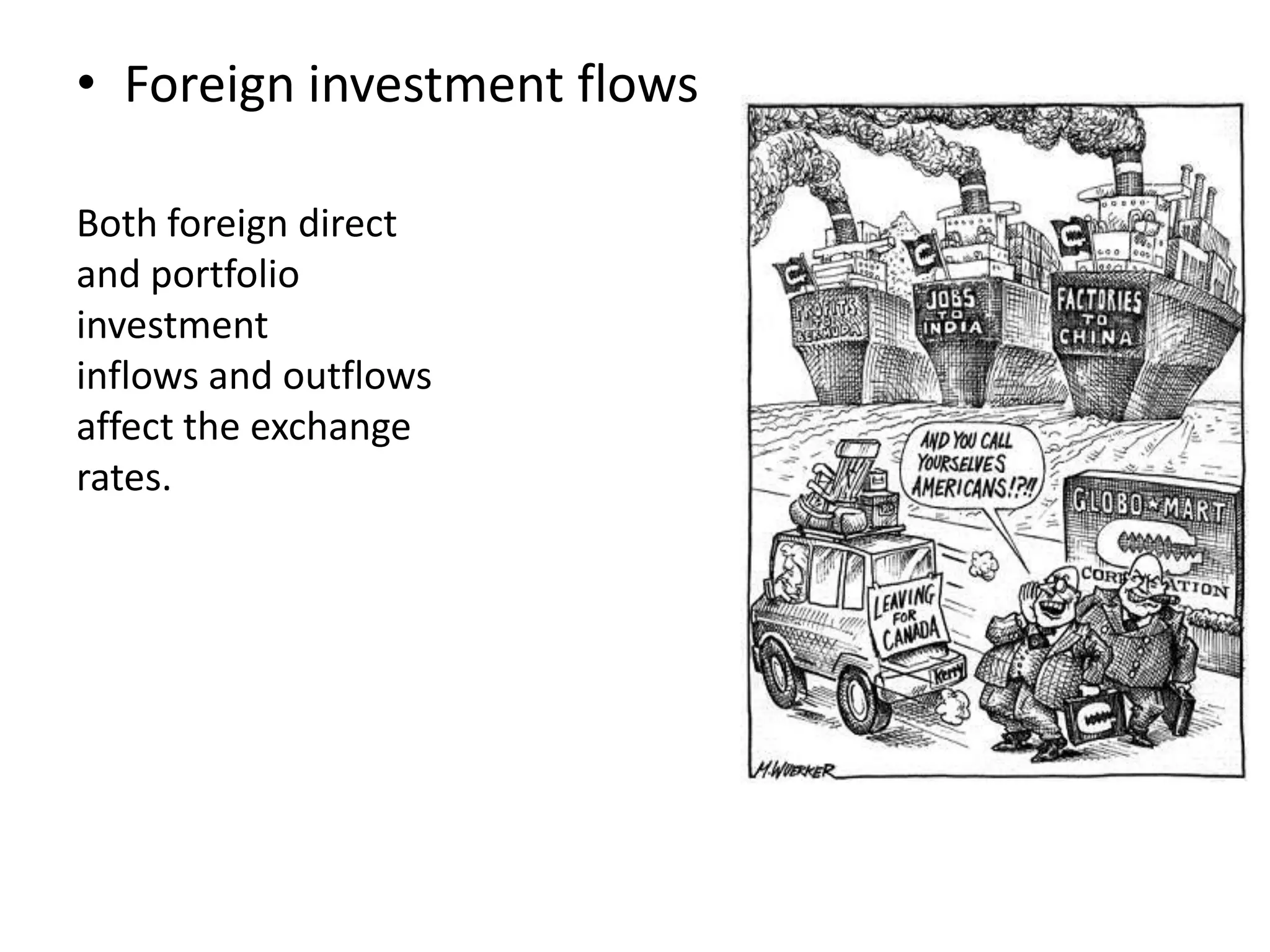• Foreign investment flows
Both foreign direct
and portfolio
investment
inflows and outflows
affect the exchange
rates.
 