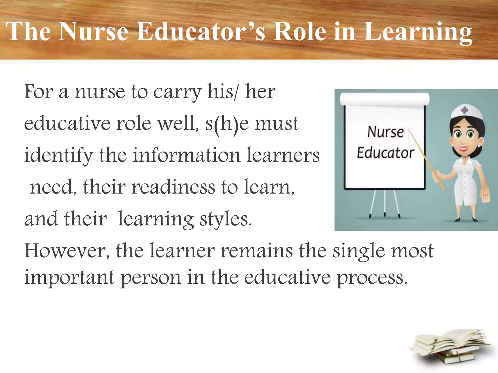 The Nurse Educator’s Role in Learning
For a nurse to carry his/ her
educative role well, s(h)e must
identify the information learners
need, their readiness to learn,
and their learning styles.
However, the learner remains the single most
important person in the educative process.
 
