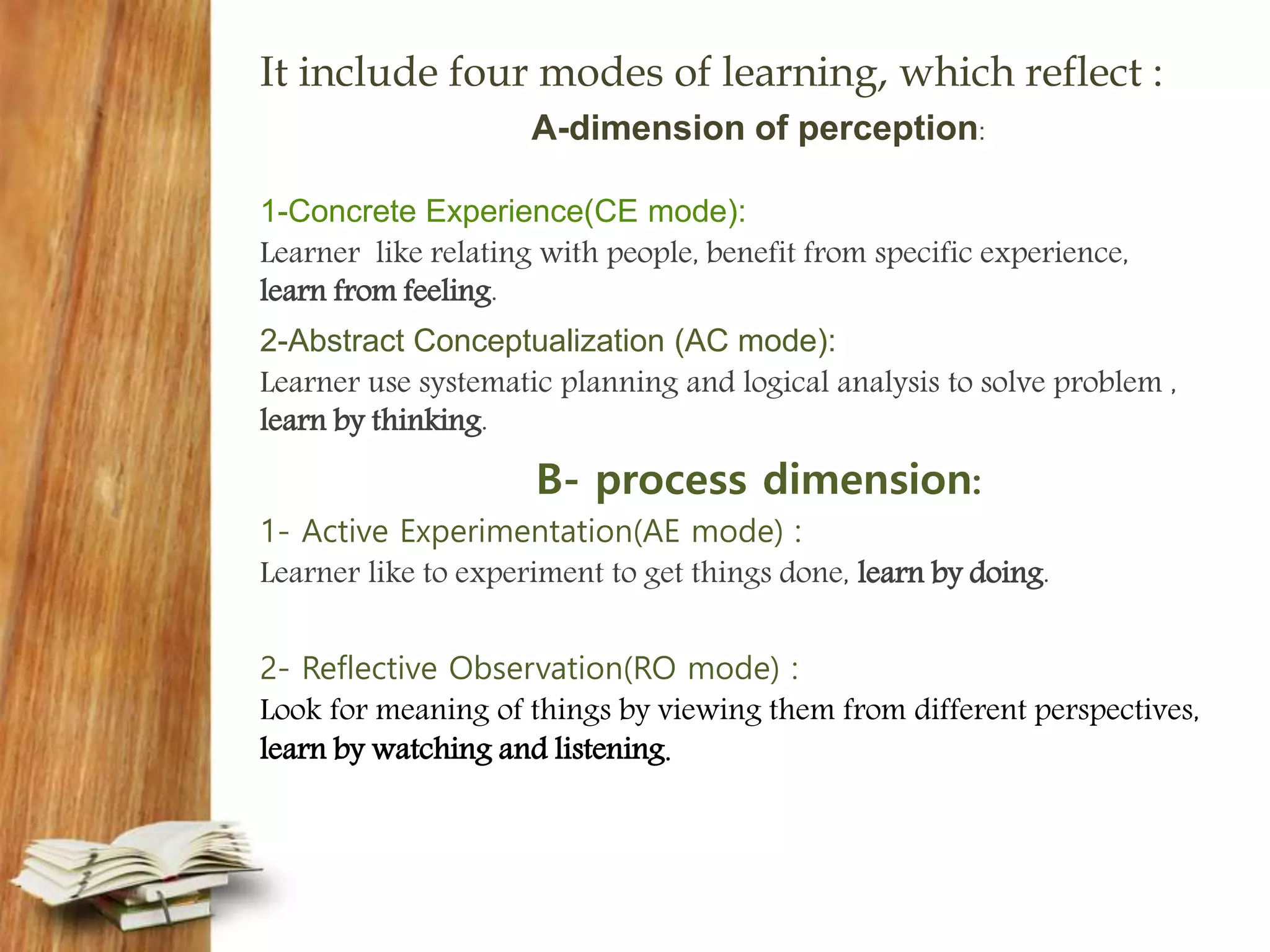 It include four modes of learning, which reflect :
A-dimension of perception:
1-Concrete Experience(CE mode):
Learner like relating with people, benefit from specific experience,
learn from feeling.
2-Abstract Conceptualization (AC mode):
Learner use systematic planning and logical analysis to solve problem ,
learn by thinking.
B- process dimension:
1- Active Experimentation(AE mode) :
Learner like to experiment to get things done, learn by doing.
2- Reflective Observation(RO mode) :
Look for meaning of things by viewing them from different perspectives,
learn by watching and listening.
 