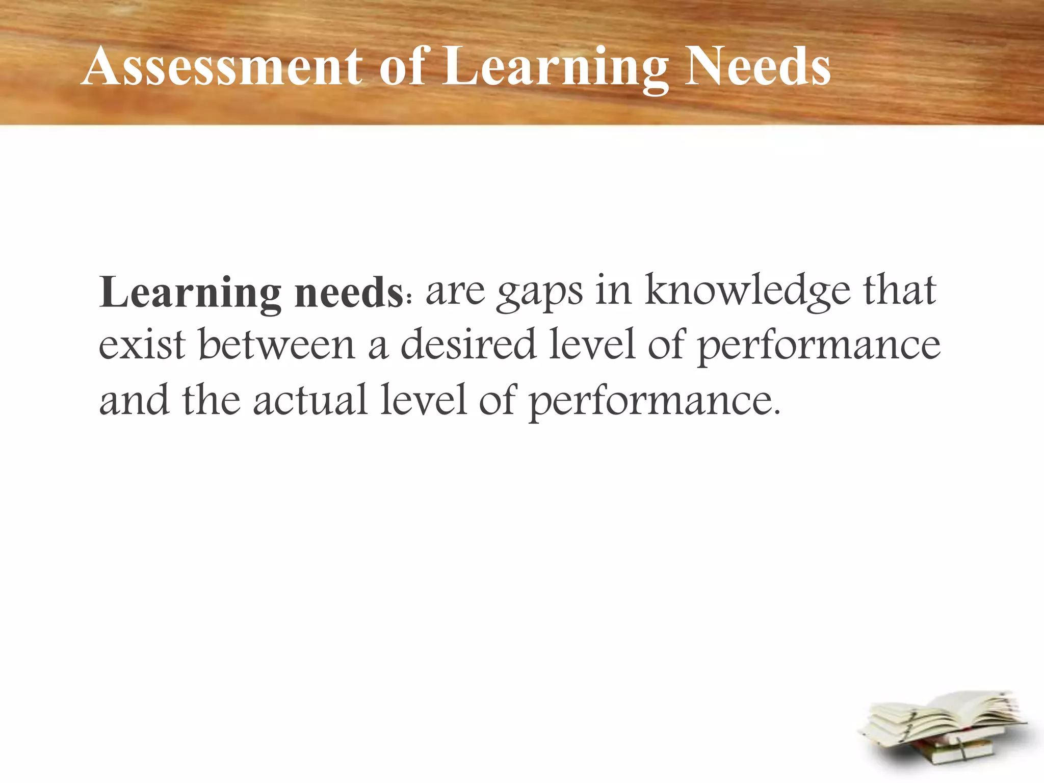 Assessment of Learning Needs
Learning needs: are gaps in knowledge that
exist between a desired level of performance
and the actual level of performance.
 