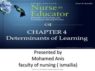 Presented to:
Dr Manal Mohamed
Determinants of
learning
ALLPPT.com _ Free PowerPoint Templates, Diagrams and Charts
Presented by
Mohamed Anis
faculty of nursing ( ismailia)
 