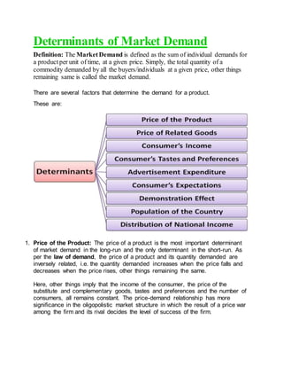 Determinants of Market Demand
Definition: The MarketDemand is defined as the sum of individual demands for
a productper unit of time, at a given price. Simply, the total quantity of a
commodity demanded by all the buyers/individuals at a given price, other things
remaining same is called the market demand.
There are several factors that determine the demand for a product.
These are:
1. Price of the Product: The price of a product is the most important determinant
of market demand in the long-run and the only determinant in the short-run. As
per the law of demand, the price of a product and its quantity demanded are
inversely related, i.e. the quantity demanded increases when the price falls and
decreases when the price rises, other things remaining the same.
Here, other things imply that the income of the consumer, the price of the
substitute and complementary goods, tastes and preferences and the number of
consumers, all remains constant. The price-demand relationship has more
significance in the oligopolistic market structure in which the result of a price war
among the firm and its rival decides the level of success of the firm.
 