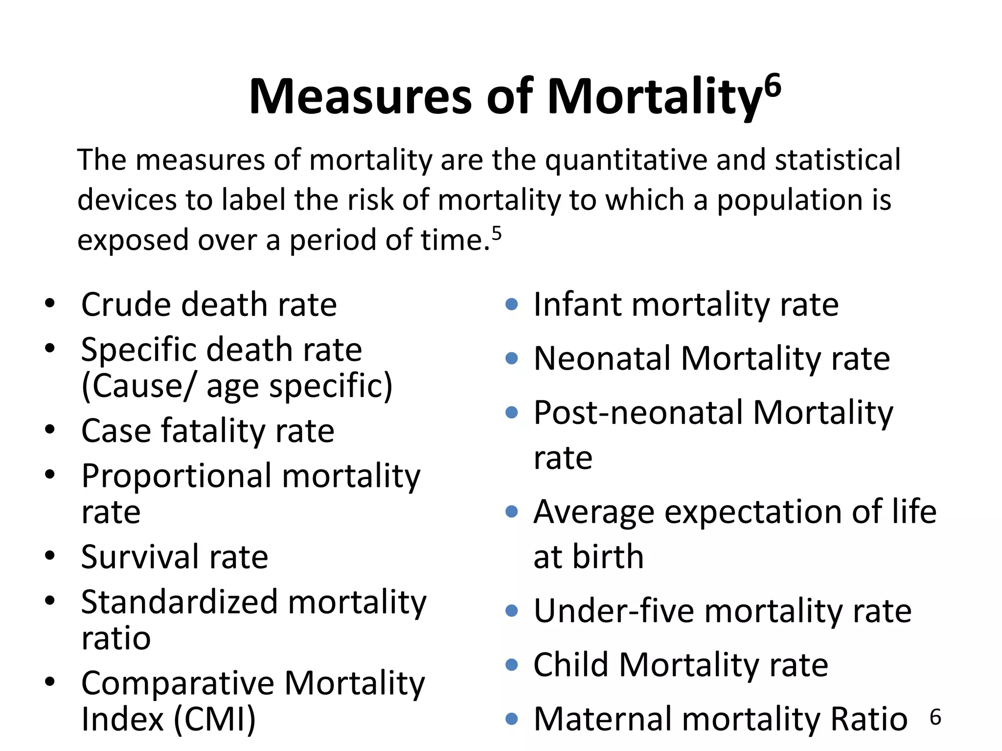 Measures of Mortality6
• Crude death rate
• Specific death rate
(Cause/ age specific)
• Case fatality rate
• Proportional mortality
rate
• Survival rate
• Standardized mortality
ratio
• Comparative Mortality
Index (CMI)
 Infant mortality rate
 Neonatal Mortality rate
 Post-neonatal Mortality
rate
 Average expectation of life
at birth
 Under-five mortality rate
 Child Mortality rate
 Maternal mortality Ratio 6
The measures of mortality are the quantitative and statistical
devices to label the risk of mortality to which a population is
exposed over a period of time.5
 