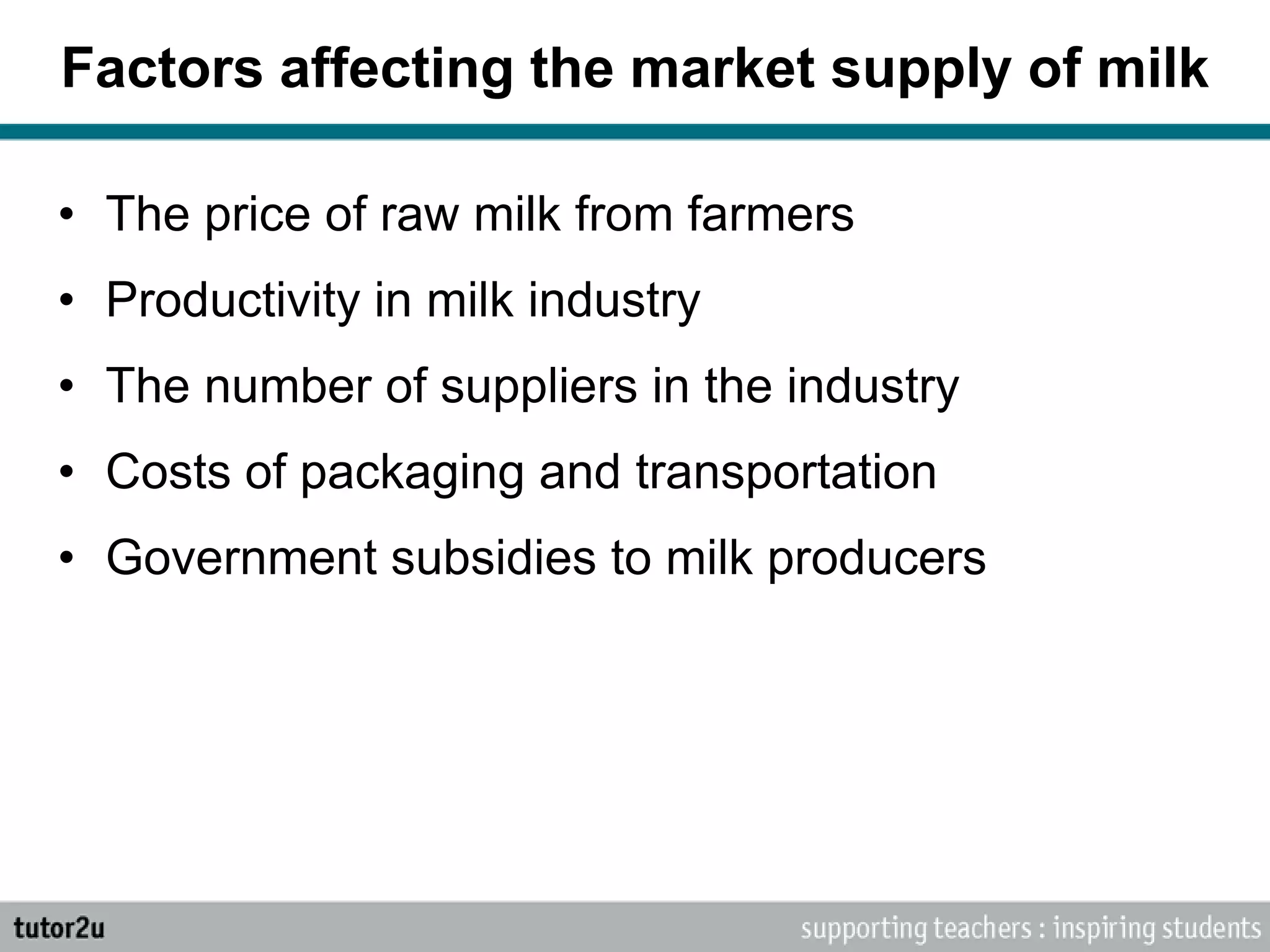 Factors affecting the market supply of milk
• The price of raw milk from farmers
• Productivity in milk industry
• The number of suppliers in the industry
• Costs of packaging and transportation
• Government subsidies to milk producers
 