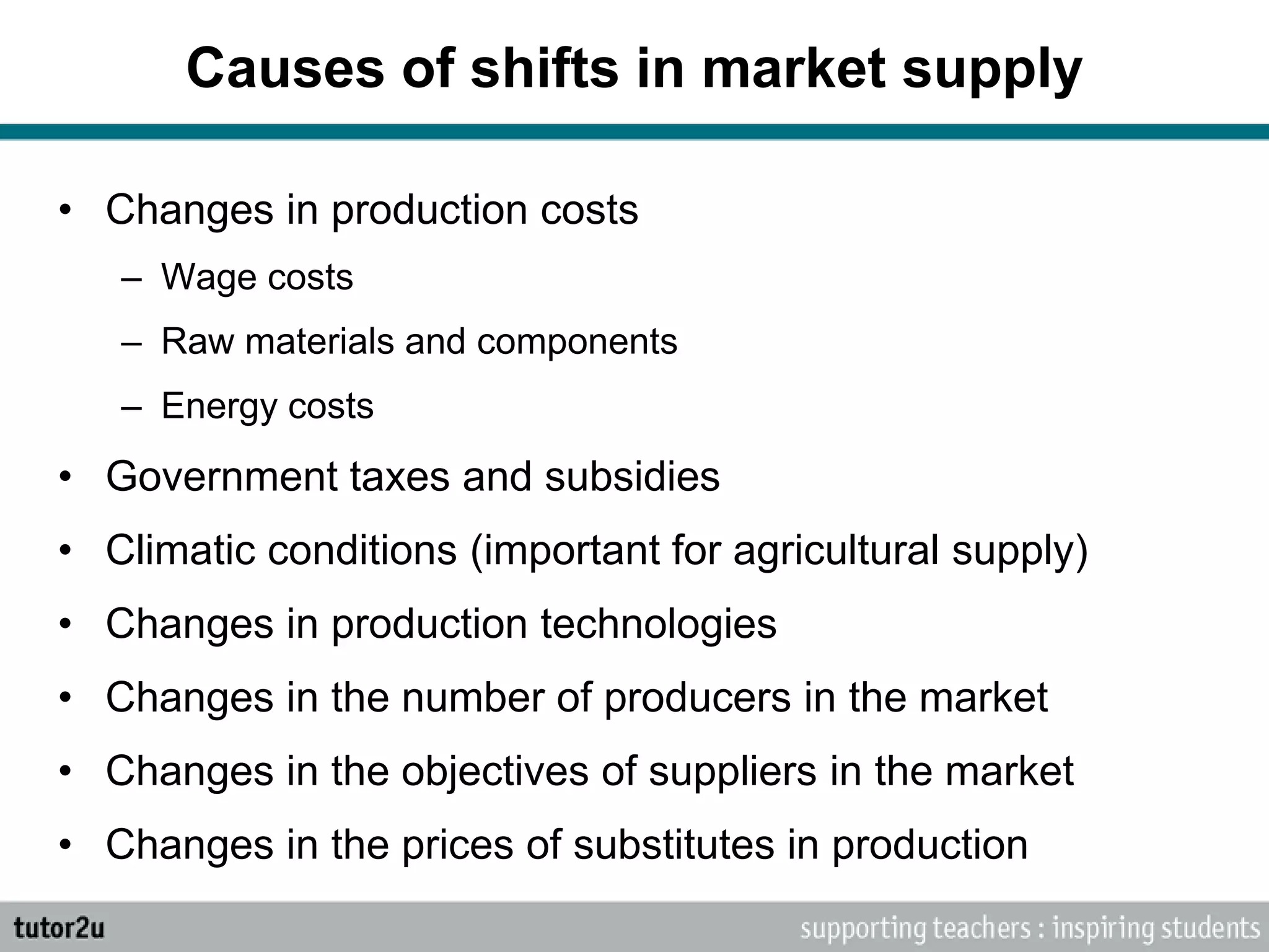 Causes of shifts in market supply
• Changes in production costs
– Wage costs
– Raw materials and components
– Energy costs
• Government taxes and subsidies
• Climatic conditions (important for agricultural supply)
• Changes in production technologies
• Changes in the number of producers in the market
• Changes in the objectives of suppliers in the market
• Changes in the prices of substitutes in production
 