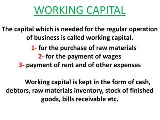 WORKING CAPITAL
The capital which is needed for the regular operation
of business is called working capital.
1- for the purchase of raw materials
2- for the payment of wages
3- payment of rent and of other expenses
Working capital is kept in the form of cash,
debtors, raw materials inventory, stock of finished
goods, bills receivable etc.
 