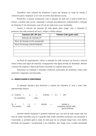 Transferir essa solução de vitamina C para um béquer ou tubo de ensaio e
conservar para comparar a cor com os testes dos demais sucos.
      Preencher a bureta novamente com a solução de iodo até a marca 0,00 mL e
iniciar a análise dos sucos, repetindo o mesmo procedimento substituindo a solução
de vitamina C do erlenmeyer, por 25 mL de cada suco a ser analisado.
      Anotar o volume da solução de iodo gasto para reagir com a vitamina C
presente em cada amostra de suco, utilize a tabela abaixo.
            Amostra (25 ,00 mL)                      Volume iodo gasto (mL)
            Solução de vitamina C
    Suco de laranja recém preparado
    Suco de laranja industrializado




      Ao final do experimento, retirar a solução de iodo restante na bureta e lavá-la
várias vezes com água de torneira, enxaguando com água fervida ou destilada. Retirar
a bureta do suporte e fixá-la de forma invertida no suporte para secar.
      Descartar os resíduos e soluções conforme instruções do professor, lavar todo
material e organizar sua bancada.


4 – RESULTADOS E DISCUSSÃO


      A equação química que descreve a reação da vitamina C com o iodo está
apresentada abaixo:


1) C6H8O6    +        I2       →      C6H6O6   +   2 I-   +   2H   +


   Ac.ascórbico            iodo


2) I -      +       I2     +        Amido      →         Amido I3 –
 Íon iodeto       iodo                               complexo amido-iodo
                                                         (azul intenso)

      Através destas equações é possível observar que um mol de iodo reage com um
mol de ácido ascórbico (eq.1) e quando todo ácido ascórbico presente nas amostras é
consumido, a primeira gota a mais de iodo que cai na solução reage com o íon iodeto
formado na equação 1 produzindo o íon triiodeto, que reage com o amido formando
 