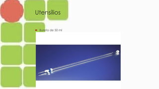 Utensílios
 Bureta de 50 ml
 