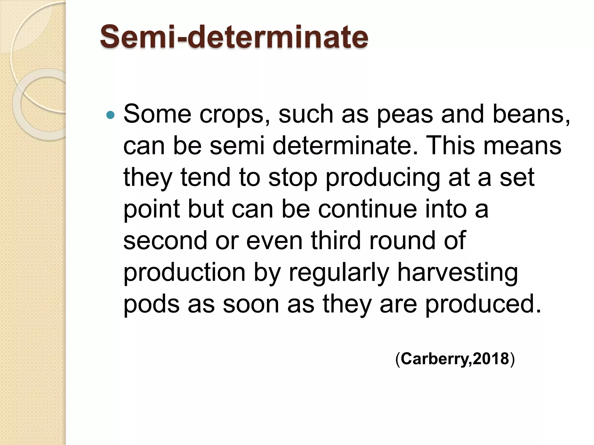 Semi-determinate
 Some crops, such as peas and beans,
can be semi determinate. This means
they tend to stop producing at a set
point but can be continue into a
second or even third round of
production by regularly harvesting
pods as soon as they are produced.
(Carberry,2018)
 