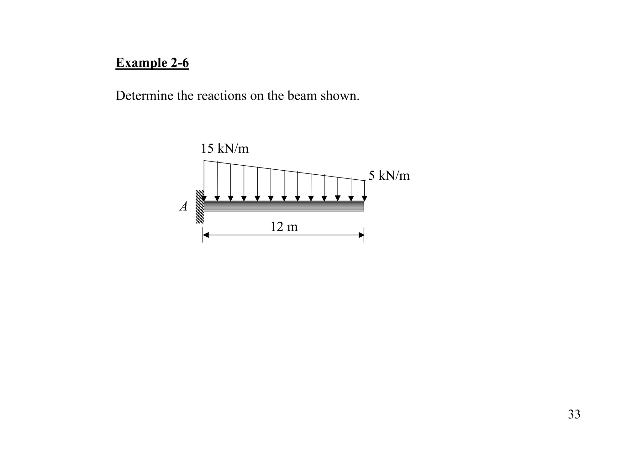Example 2-6

Determine the reactions on the beam shown.


               15 kN/m
                                             5 kN/m

           A
                          12 m




                                                      33
 