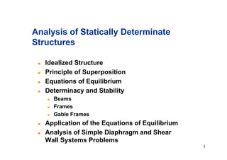 Analysis of Statically Determinate
Structures

 !   Idealized Structure
 !   Principle of Superposition
 !   Equations of Equilibrium
 !   Determinacy and Stability
     !   Beams
     !   Frames
     !   Gable Frames
 !   Application of the Equations of Equilibrium
 !   Analysis of Simple Diaphragm and Shear
     Wall Systems Problems
                                                   1
 