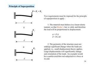 Principle of Superposition

                        P = P1 + P 2

                                       Two requirements must be imposed for the principle
                                       of superposition to apply :
              d
                                            1. The material must behave in a linear-elastic
                                       manner, so that Hooke’s law is valid, and therefore
             =

                        P1             the load will be proportional to displacement.

                                                 σ = P/A
                                                 δ = PL/AE
               d
                                            2. The geometry of the structure must not
              +                        undergo significant change when the loads are
                         P2            applied, i.e., small displacement theory applies.
                                       Large displacements will significantly change
                                       and orientation of the loads. An example would
                                       be a cantilevered thin rod subjected to a force at
               d                       its end.
                                                                                            14
 