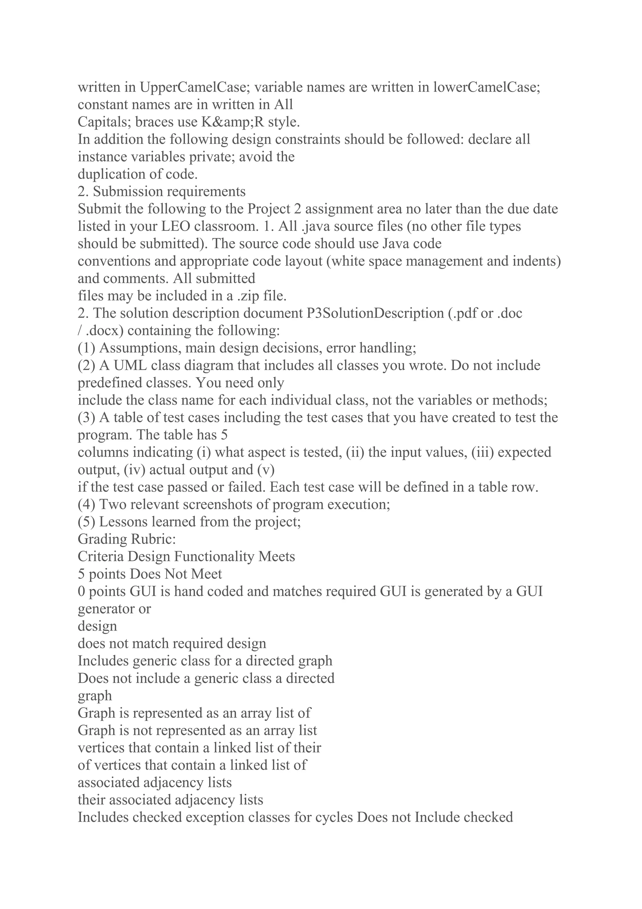 written in UpperCamelCase; variable names are written in lowerCamelCase;
constant names are in written in All
Capitals; braces use K&amp;R style.
In addition the following design constraints should be followed: declare all
instance variables private; avoid the
duplication of code.
2. Submission requirements
Submit the following to the Project 2 assignment area no later than the due date
listed in your LEO classroom. 1. All .java source files (no other file types
should be submitted). The source code should use Java code
conventions and appropriate code layout (white space management and indents)
and comments. All submitted
files may be included in a .zip file.
2. The solution description document P3SolutionDescription (.pdf or .doc
/ .docx) containing the following:
(1) Assumptions, main design decisions, error handling;
(2) A UML class diagram that includes all classes you wrote. Do not include
predefined classes. You need only
include the class name for each individual class, not the variables or methods;
(3) A table of test cases including the test cases that you have created to test the
program. The table has 5
columns indicating (i) what aspect is tested, (ii) the input values, (iii) expected
output, (iv) actual output and (v)
if the test case passed or failed. Each test case will be defined in a table row.
(4) Two relevant screenshots of program execution;
(5) Lessons learned from the project;
Grading Rubric:
Criteria Design Functionality Meets
5 points Does Not Meet
0 points GUI is hand coded and matches required GUI is generated by a GUI
generator or
design
does not match required design
Includes generic class for a directed graph
Does not include a generic class a directed
graph
Graph is represented as an array list of
Graph is not represented as an array list
vertices that contain a linked list of their
of vertices that contain a linked list of
associated adjacency lists
their associated adjacency lists
Includes checked exception classes for cycles Does not Include checked
 