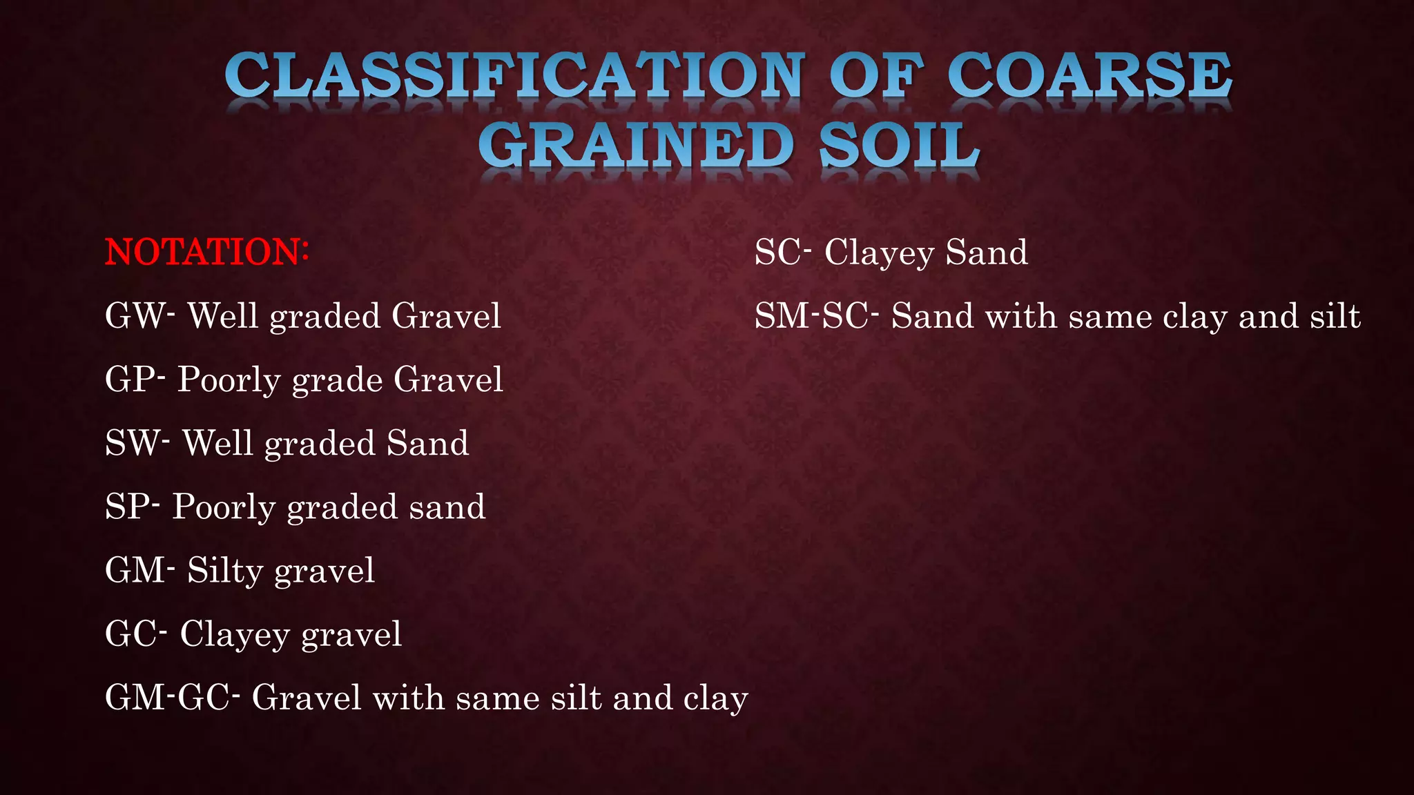 NOTATION:
GW- Well graded Gravel
GP- Poorly grade Gravel
SW- Well graded Sand
SP- Poorly graded sand
GM- Silty gravel
GC- Clayey gravel
GM-GC- Gravel with same silt and clay
SC- Clayey Sand
SM-SC- Sand with same clay and silt
 
