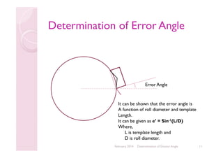 Determination of Error Angle

Error Angle

It can be shown that the error angle is
A function of roll diameter and template
Length.
It can be given as e’ = Sin-1(L/D)
Where,
L is template length and
D is roll diameter.
February 2014

Determination of Doctor Angle

11

 