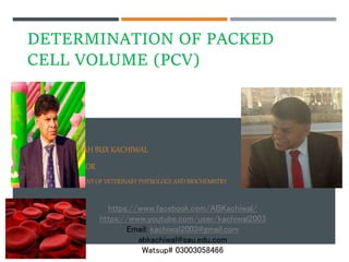 DETERMINATION OF PACKED
CELL VOLUME (PCV)
BY
DR. ALLAH BUX KACHIWAL
PROFESSOR
DEPARTMENT OF VETERINARY PHYSIOLOGY AND BIOCHEMISTRY
https://www.facebook.com/ABKachiwal/
https://www.youtube.com/user/kachiwal2003
Email: kachiwal2003@gmail.com
abkachiwal@sau.edu.com
Watsup# 03003058466
 