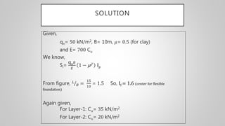 SOLUTION
Given,
qn= 50 kN/m2, B= 10m, 𝜇= 0.5 (for clay)
and E= 700 Cu
We know,
Si=
qn 𝐵
𝐸
1 − µ2 Ip
From figure, 𝐿
𝐵 =
15
10
= 1.5 So, If = 1.6 (center for flexible
foundation)
Again given,
For Layer-1: Cu= 35 kN/m2
For Layer-2: Cu= 20 kN/m2
 