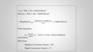 ∴ E1= 700 × 35= 24500 kN/m2
And, E2= 700 × 20= 14000 kN/m2
∴ Weighted Eavg=
24500×4.5 +14000×12
16.5
= 16864 kN/m2
From Equation,
Si=
50×10
16864
(1 − 0.52) × 1.36 = 30.24 (without
correction)
We Know,
Rigidity Correction Factor= 0.8
Depth Correction Factor= ??
 