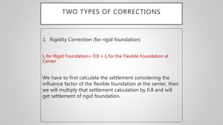 TWO TYPES OF CORRECTIONS
1. Rigidity Correction (for rigid foundation)
If for Rigid Foundation= 0.8 × If for the Flexible Foundation at
Center
We have to first calculate the settlement considering the
influence factor of the flexible foundation at the center, then
we will multiply that settlement calculation by 0.8 and will
get settlement of rigid foundation.
 