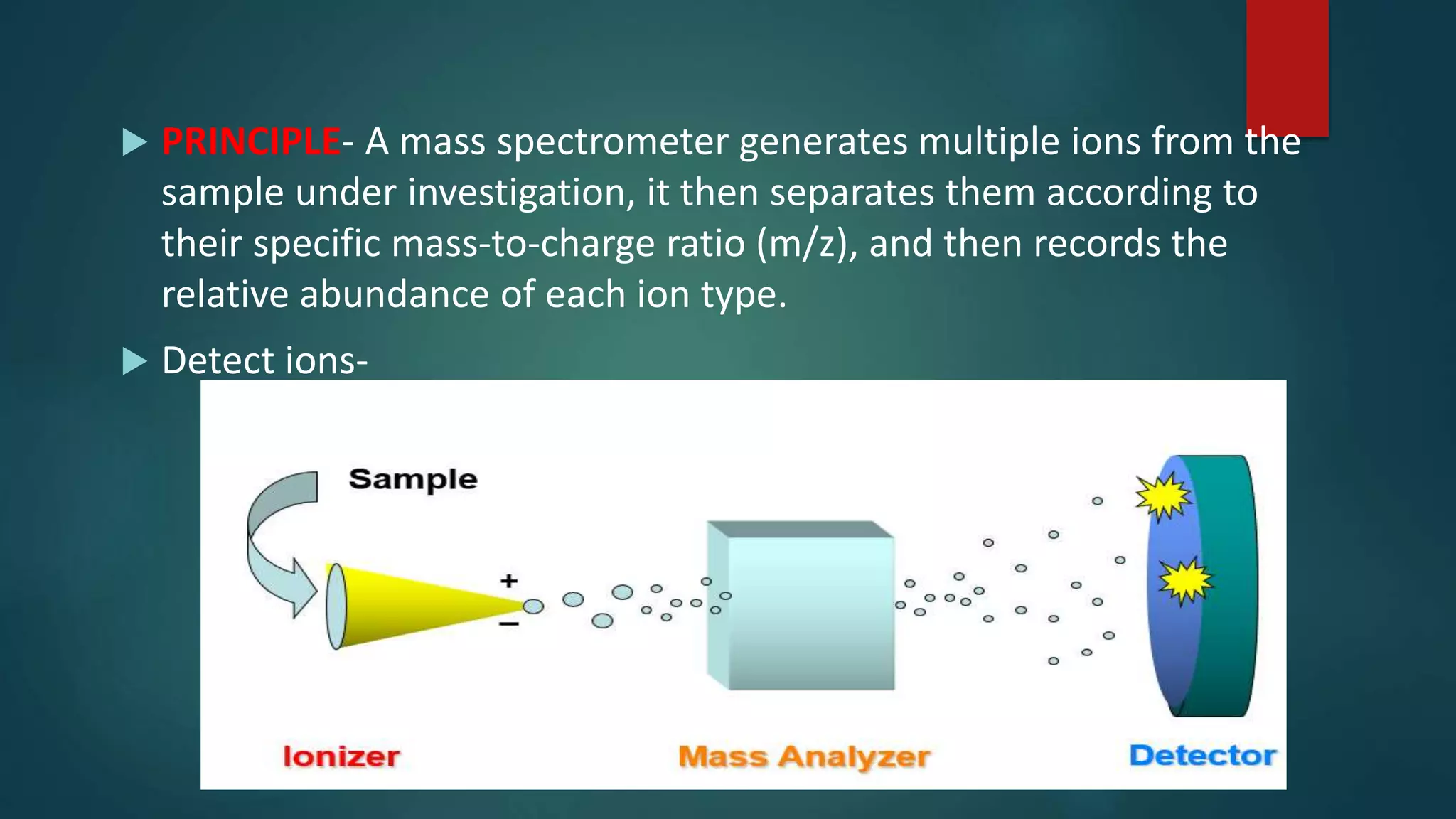  PRINCIPLE- A mass spectrometer generates multiple ions from the
sample under investigation, it then separates them according to
their specific mass-to-charge ratio (m/z), and then records the
relative abundance of each ion type.
 Detect ions-
 