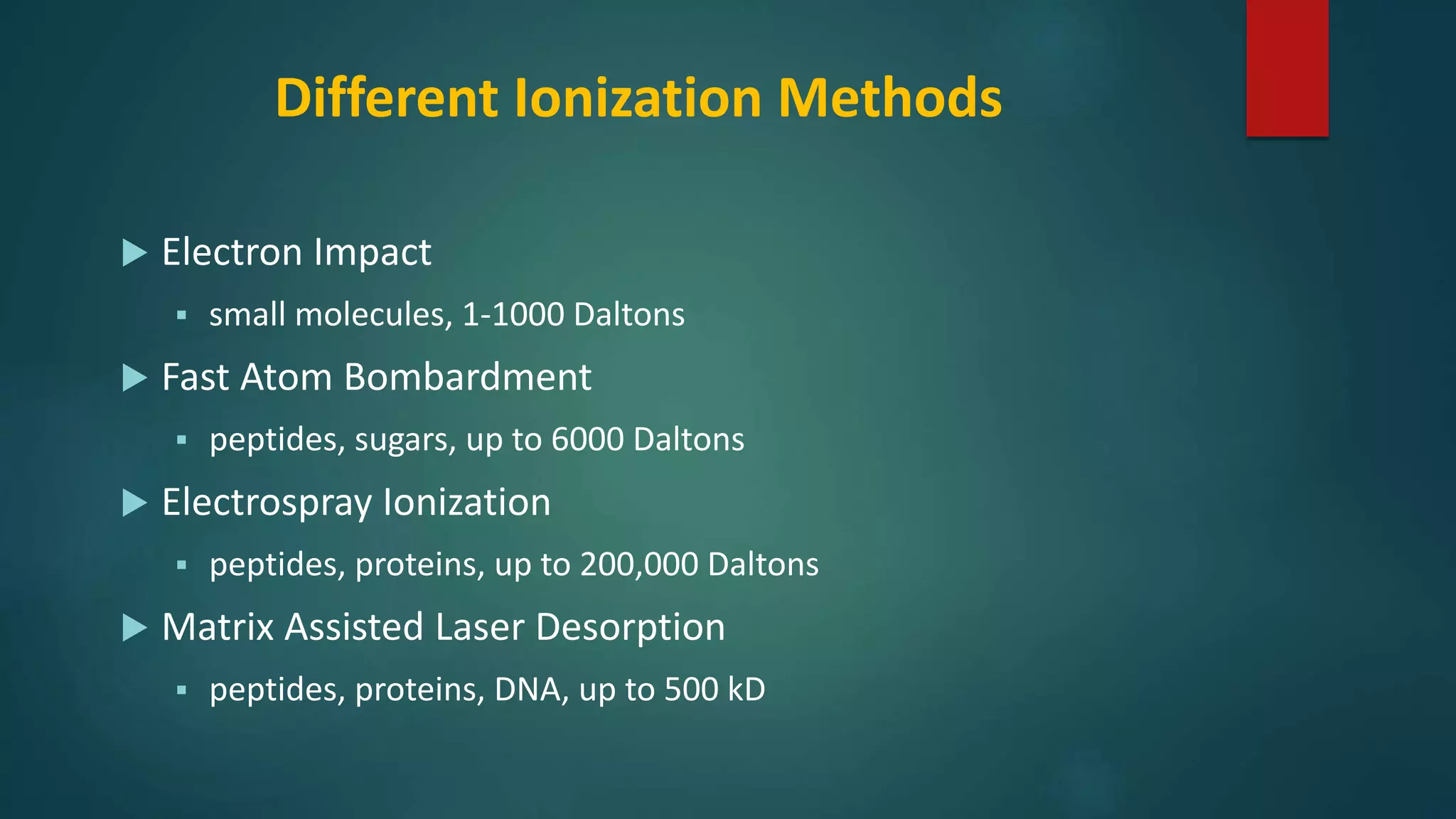 Different Ionization Methods
 Electron Impact
 small molecules, 1-1000 Daltons
 Fast Atom Bombardment
 peptides, sugars, up to 6000 Daltons
 Electrospray Ionization
 peptides, proteins, up to 200,000 Daltons
 Matrix Assisted Laser Desorption
 peptides, proteins, DNA, up to 500 kD
 