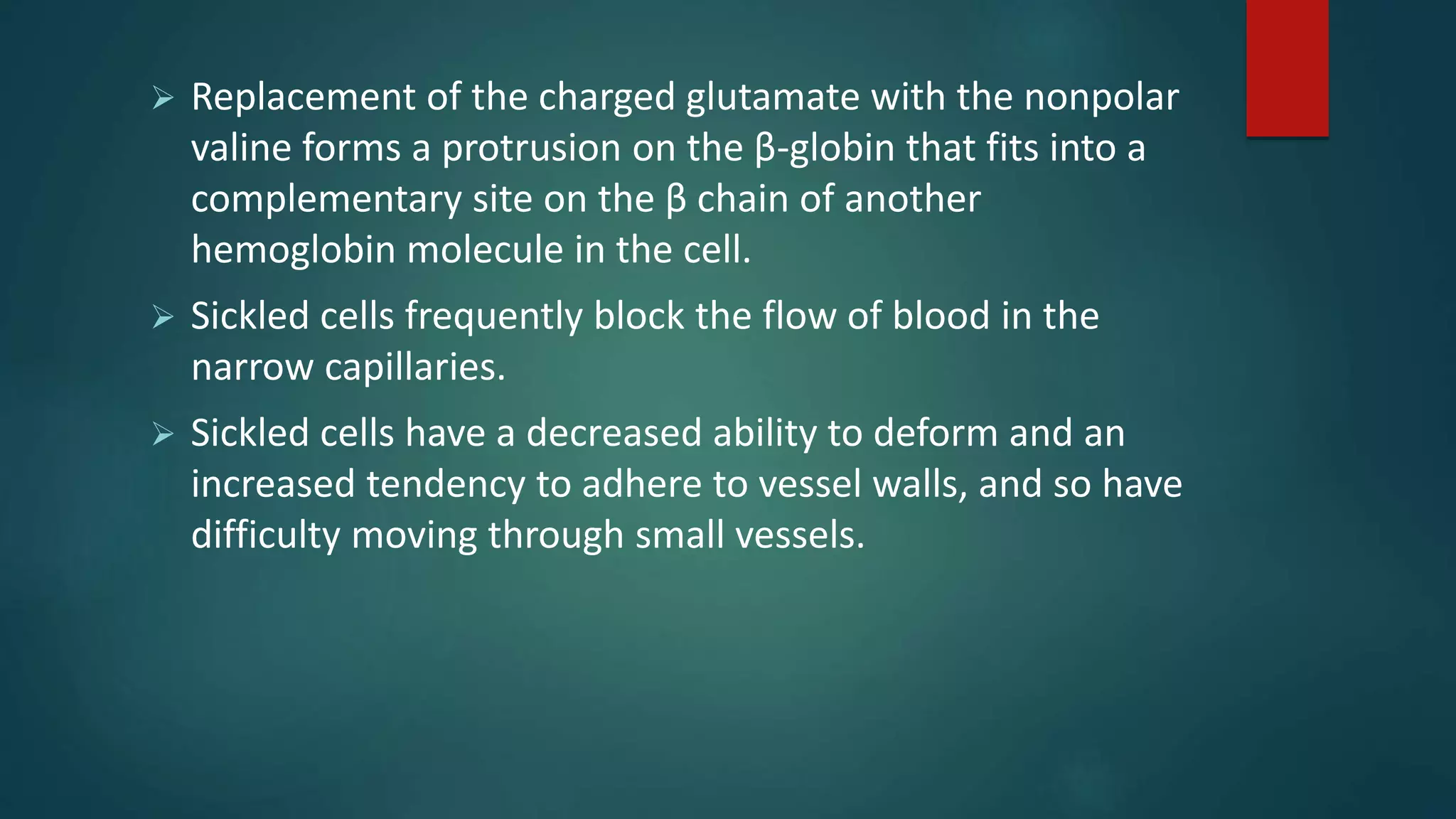 Replacement of the charged glutamate with the nonpolar
valine forms a protrusion on the β-globin that fits into a
complementary site on the β chain of another
hemoglobin molecule in the cell.
 Sickled cells frequently block the flow of blood in the
narrow capillaries.
 Sickled cells have a decreased ability to deform and an
increased tendency to adhere to vessel walls, and so have
difficulty moving through small vessels.
 
