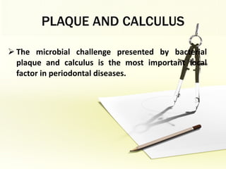 PLAQUE AND CALCULUS The microbial challenge presented by bacterial plaque and calculus is the most important local factor in periodontal diseases.  