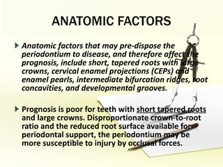 ANATOMIC FACTORS Anatomic factors that may pre­dispose the periodontium to disease, and therefore affect the prognosis, include short, tapered roots with large crowns, cervical enamel projections (CEPs) and enamel pearls, intermediate bifurcation ridges, root concavities, and developmental grooves. Prognosis is poor for teeth with  short tapered roots  and large crowns. Disproportionate crown-to-root ratio and the reduced root surface available for periodontal support, the periodontium may be more susceptible to injury by occlusal forces. 