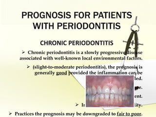PROGNOSIS FOR PATIENTS WITH PERIODONTITIS CHRONIC PERIODONTITIS Chronic periodontitis is a slowly progressive disease associated with well-known local environmental factors. (slight-to-moderate periodontitis), the prognosis is generally  good  provided the inflammation can be controlled. More severe disease. Furcation involvement. Increasing clinical mobility. Practices the prognosis may be downgraded to  fair to poor . 