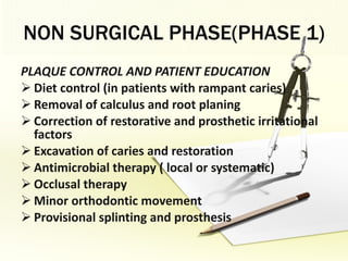 NON SURGICAL PHASE(PHASE 1) PLAQUE CONTROL AND PATIENT EDUCATION Diet control (in patients with rampant caries) Removal of calculus and root planing Correction of restorative and prosthetic irritational factors Excavation of caries and restoration Antimicrobial therapy ( local or systematic) Occlusal therapy Minor orthodontic movement Provisional splinting and prosthesis 