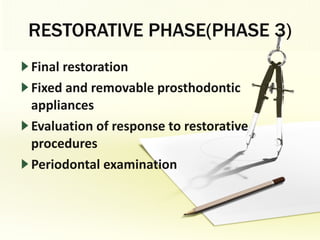 RESTORATIVE PHASE(PHASE 3) Final restoration Fixed and removable prosthodontic appliances Evaluation of response to restorative procedures Periodontal examination 
