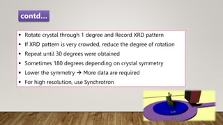  Rotate crystal through 1 degree and Record XRD pattern
 If XRD pattern is very crowded, reduce the degree of rotation
 Repeat until 30 degrees were obtained
 Sometimes 180 degrees depending on crystal symmetry
 Lower the symmetry  More data are required
 For high resolution, use Synchrotron
contd…
 