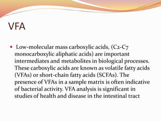 VFA 
 Low-molecular mass carboxylic acids, (C2-C7 
monocarboxylic aliphatic acids) are important 
intermediates and metabolites in biological processes. 
These carboxylic acids are known as volatile fatty acids 
(VFAs) or short-chain fatty acids (SCFAs). The 
presence of VFAs in a sample matrix is often indicative 
of bacterial activity. VFA analysis is significant in 
studies of health and disease in the intestinal tract 
 