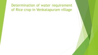 Determination of water requirement
of Rice crop in Venkatapuram village
 