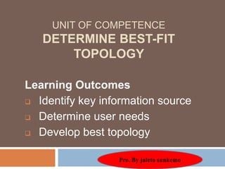 UNIT OF COMPETENCE
DETERMINE BEST-FIT
TOPOLOGY
Learning Outcomes
 Identify key information source
 Determine user needs
 Develop best topology
 