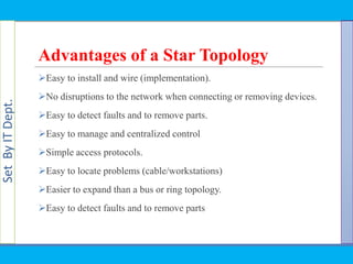 SetByITDept.
Advantages of a Star Topology
Easy to install and wire (implementation).
No disruptions to the network when connecting or removing devices.
Easy to detect faults and to remove parts.
Easy to manage and centralized control
Simple access protocols.
Easy to locate problems (cable/workstations)
Easier to expand than a bus or ring topology.
Easy to detect faults and to remove parts
 