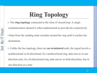 SetByITDept.
Ring Topology
 The ring topology connected in the form of closed loop. A single
communication channel is often implemented to provide the connectivity.
Data from the sending node circulate around the ring until it reaches the
destination.
 Unlike the bus topology, there are no terminated ends; the signal travels a
unidirectional or bi-directional. In a unidirectional ring, data moves in one
direction only. In a bi-directional ring, data moves in both directions, but in
one direction at a time.
29
 