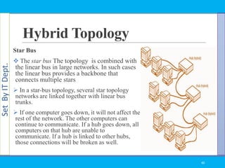 SetByITDept.
Hybrid Topology
Star Bus
 The star bus The topology is combined with
the linear bus in large networks. In such cases
the linear bus provides a backbone that
connects multiple stars
 In a star-bus topology, several star topology
networks are linked together with linear bus
trunks.
 If one computer goes down, it will not affect the
rest of the network. The other computers can
continue to communicate. If a hub goes down, all
computers on that hub are unable to
communicate. If a hub is linked to other hubs,
those connections will be broken as well.
40
 